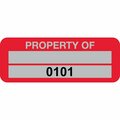 Lustre-Cal Property ID Label PROPERTY OF5 Alum Red 2in x 0.75in 1 Blank Pad&Serialized 0101-0200, 100PK 253740Ma2Rd0101